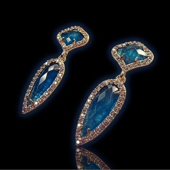 NEW Marbled Blue Imitation Gemstone & CZ Spike Dangle Drop Earrings - Picture 2 of 9